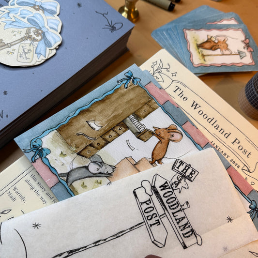 Woodland-themed stationery items including cards and a letter on a wooden surface.