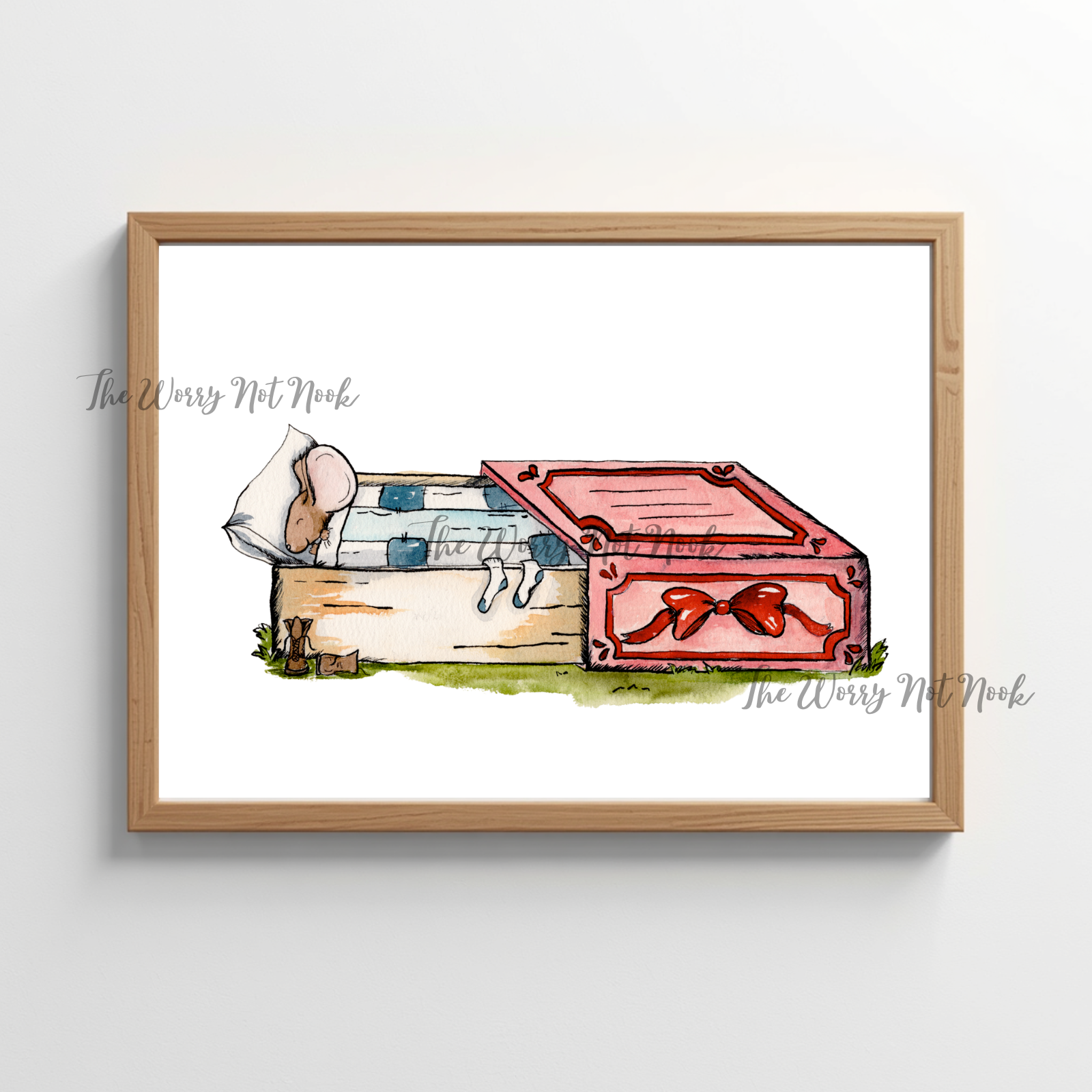 Mouse sleeping in a matchbox illustration in a frame.
