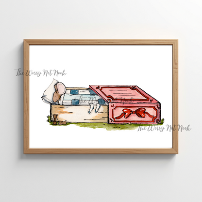 Mouse sleeping in a matchbox illustration in a frame.