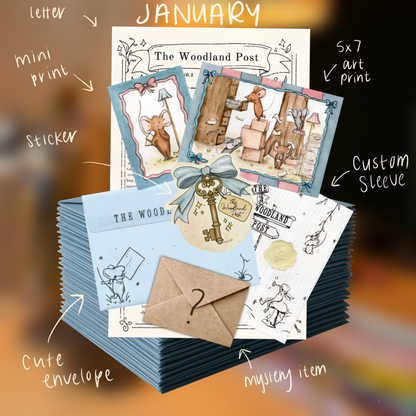 January's collection of stationery items with a focus on 'The Woodland Post'  January theme, including envelopes, prints a letter, and stickers.