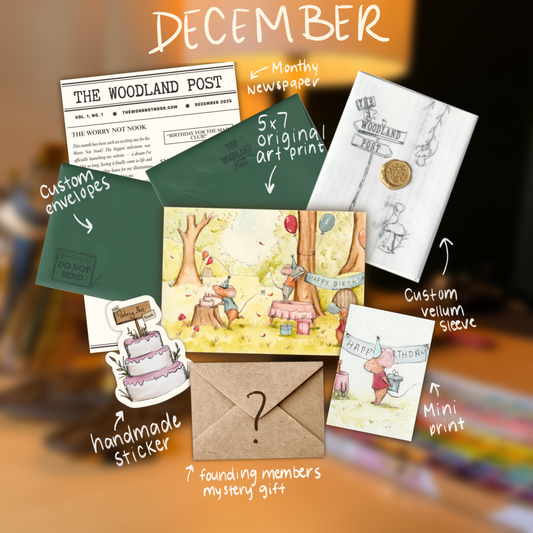 December's collection of stationery items with a focus on 'The Woodland Post' theme, including envelopes, prints a letter, and stickers.