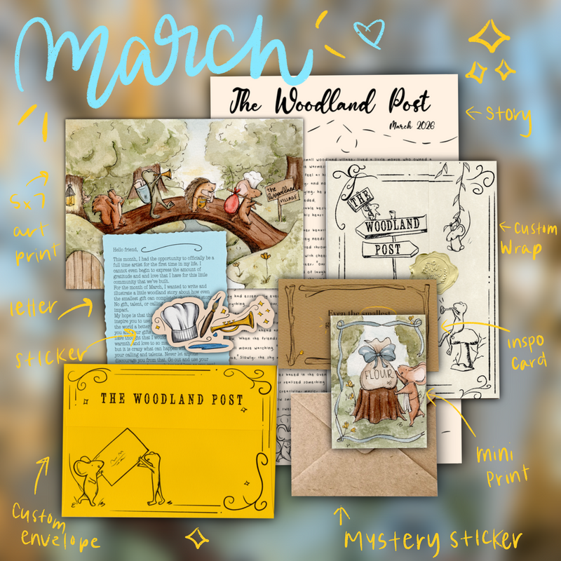 March's collection of stationery items with a focus on 'The Woodland Post'  March theme, including envelopes, prints, a letter, inspiration card, and stickers.