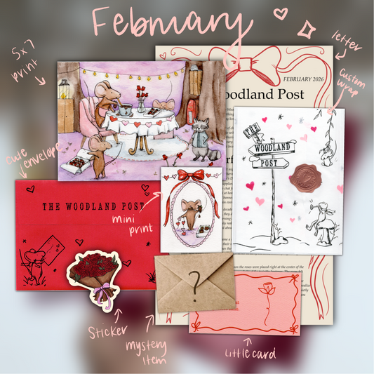 February's collection of stationery items with a focus on 'The Woodland Post'  February theme, including envelopes, prints, a letter, inspiration card, and stickers.
