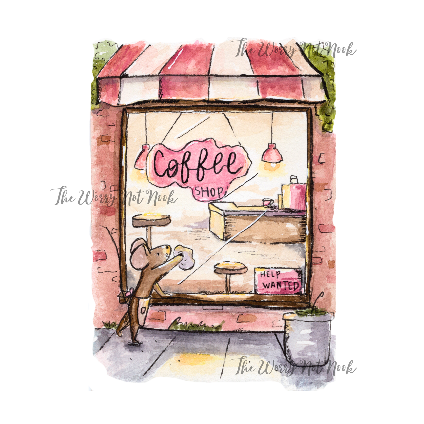 Illustration of a mouse outside a coffee shop with a pink awning and window display.