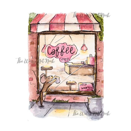 Illustration of a mouse outside a coffee shop with a pink awning and window display.