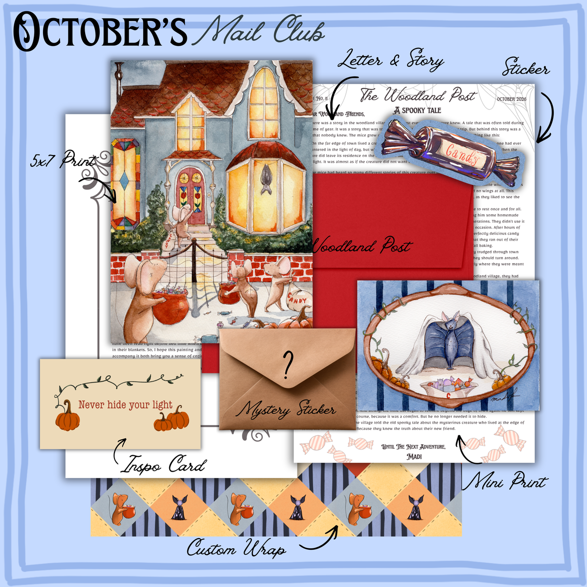 A collage-style product graphic for a fall-themed mail club set, showing multiple printed paper items and envelopes arranged on a light blue background. Visible items include a letter, story sheet, sticker, woodcut post, mystery sticker, inspo card, mini print, and custom wrap, with handwritten labels pointing to each component.