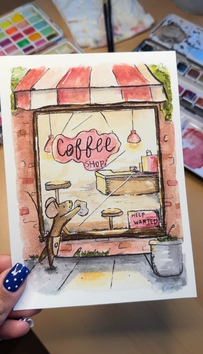 Mouse Coffee Shop Illustration Print